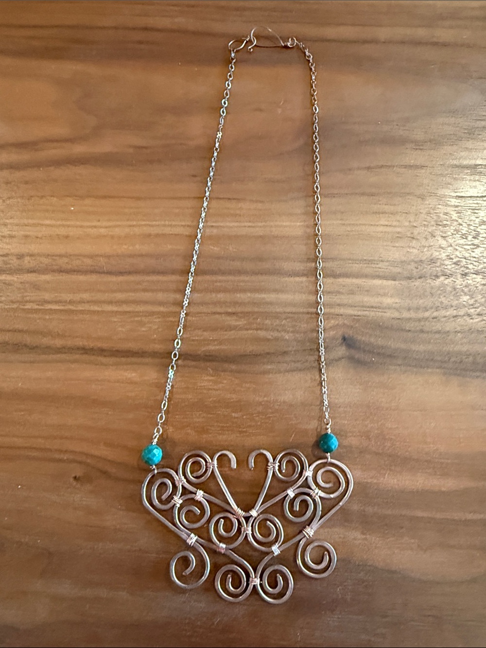 Handmade Copper Filigree Scroll Pendant Necklace with Turquoise Beads